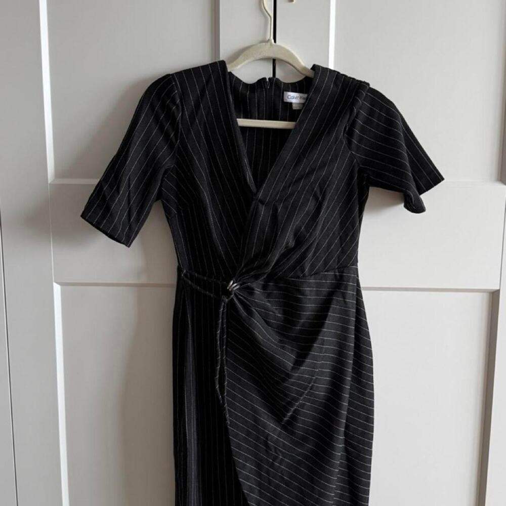 Calvin Klein Pinstripe Midi Wrap Dress